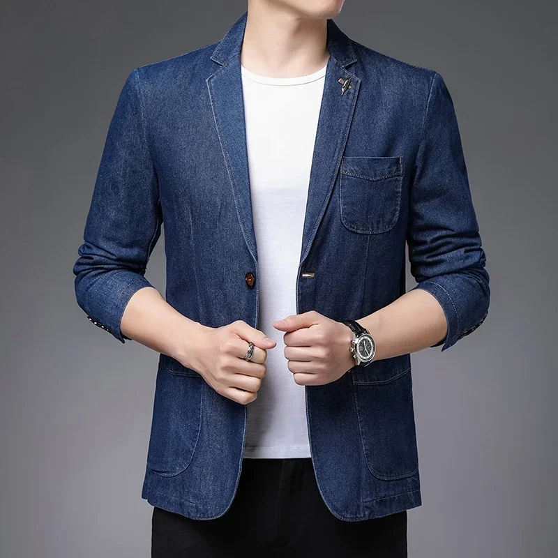 2023 Spring Autumn New Men\'s High-quality Brand Business Casual Suit Jacket Men Fashion Slim Fit 2 Button Blue Denim Blazer Male