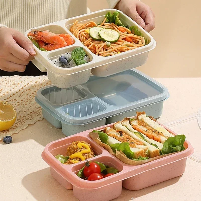 1-4Pcs Reusable 3 Compartment Divided Bento Box Kid School Adult Office Food Storage Containers Outdoor Portable Plastic Box