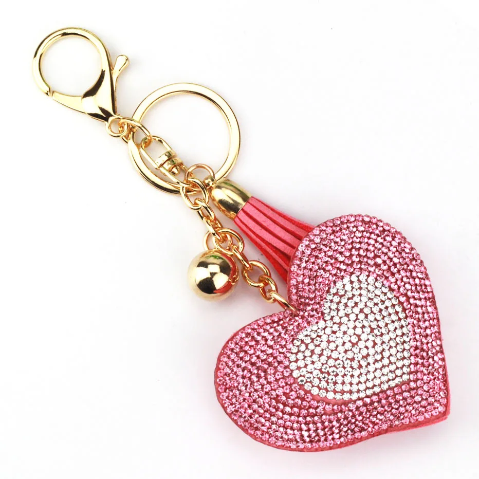 Double Heart Keychain Gold-Plated Leather Tassel Holders Metal Crystal Key Chains Keyring Charm Bag Car Pendant Gift