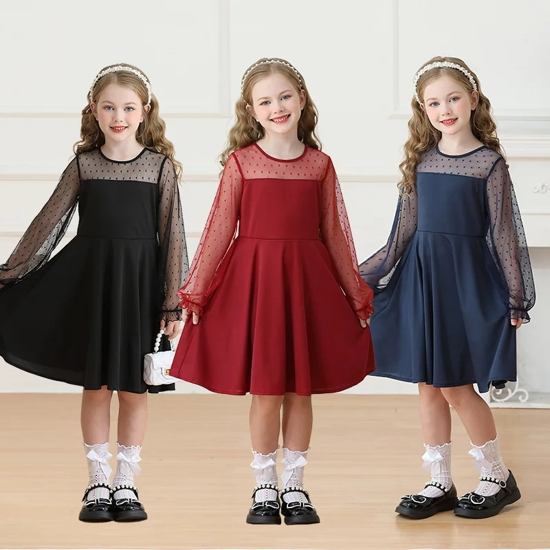 

Long-Sleeved Girls' Dress Net Christmas Princess Dress Children's Lace Performance Clothes Party Prom Black Daily Costume