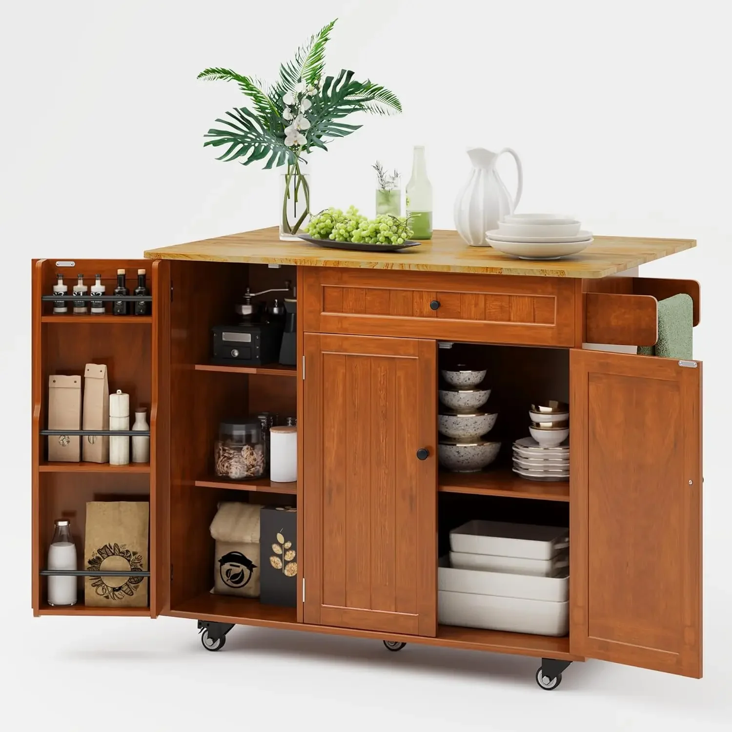 

Rolling Kitchen Island Drop Leaf Wheels Storage Rack Drawer Spice Rack Towel Bar Mobile Table Kitchen Brown
