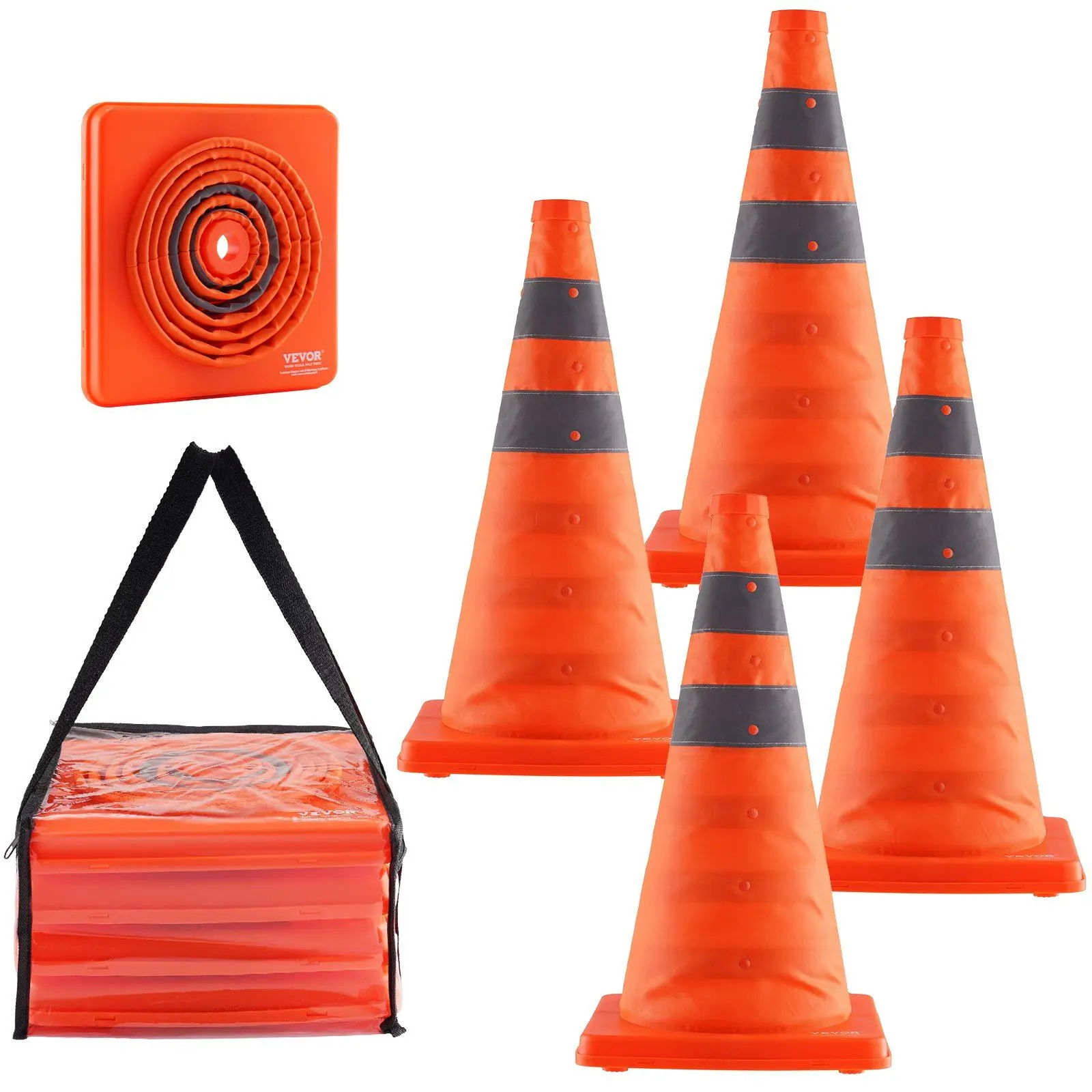 

Safety Cones, 4 Pack 18 inch Collapsible Traffic Cones, Construction Cones with Reflective Collars, Wide Base and A Storage Bag