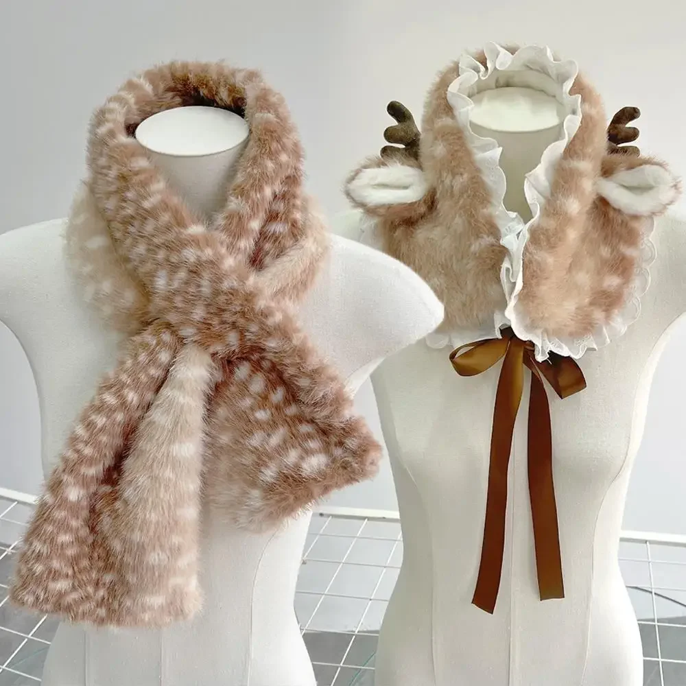 크리스마스 의상 스카프 사슴 귀 뿔 머리띠 순록 털 두꺼운 귀마개 DIY 부드러운 인조 털 패딩 따뜻한 긴 스카프