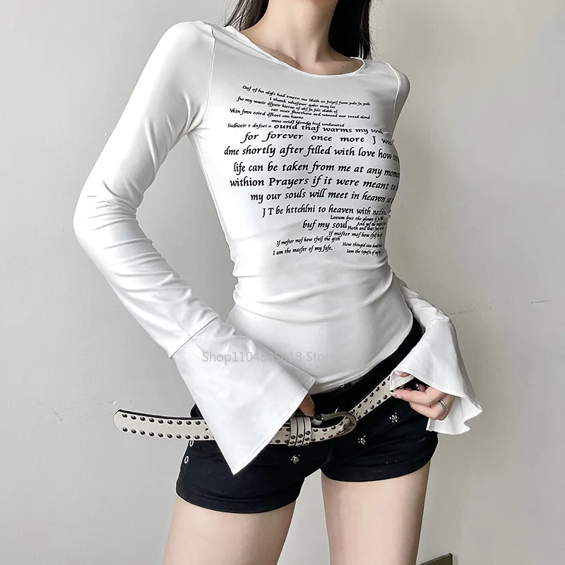 

Spicy girl basic knitted slim fit round neck letter printed slit long sleeved T-shirt for women