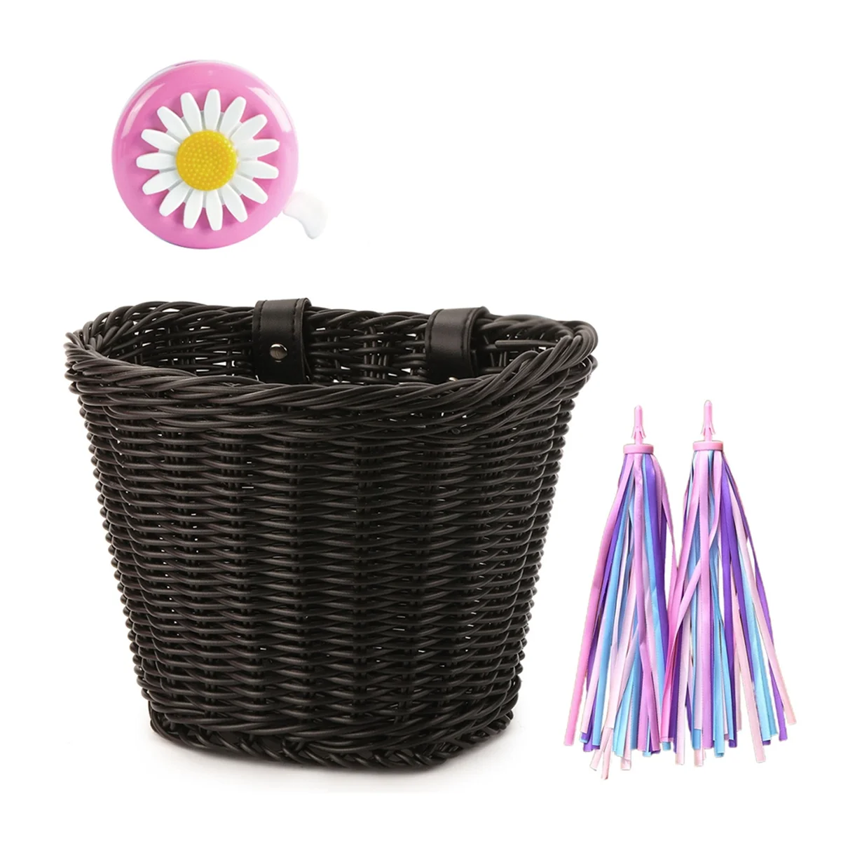 AB31 1Set Rattan Wicker Bicycle Front Basket+Bell+Tassel+Stickers Adjustable Handwoven Adult Bike Handlebar Accessories Black