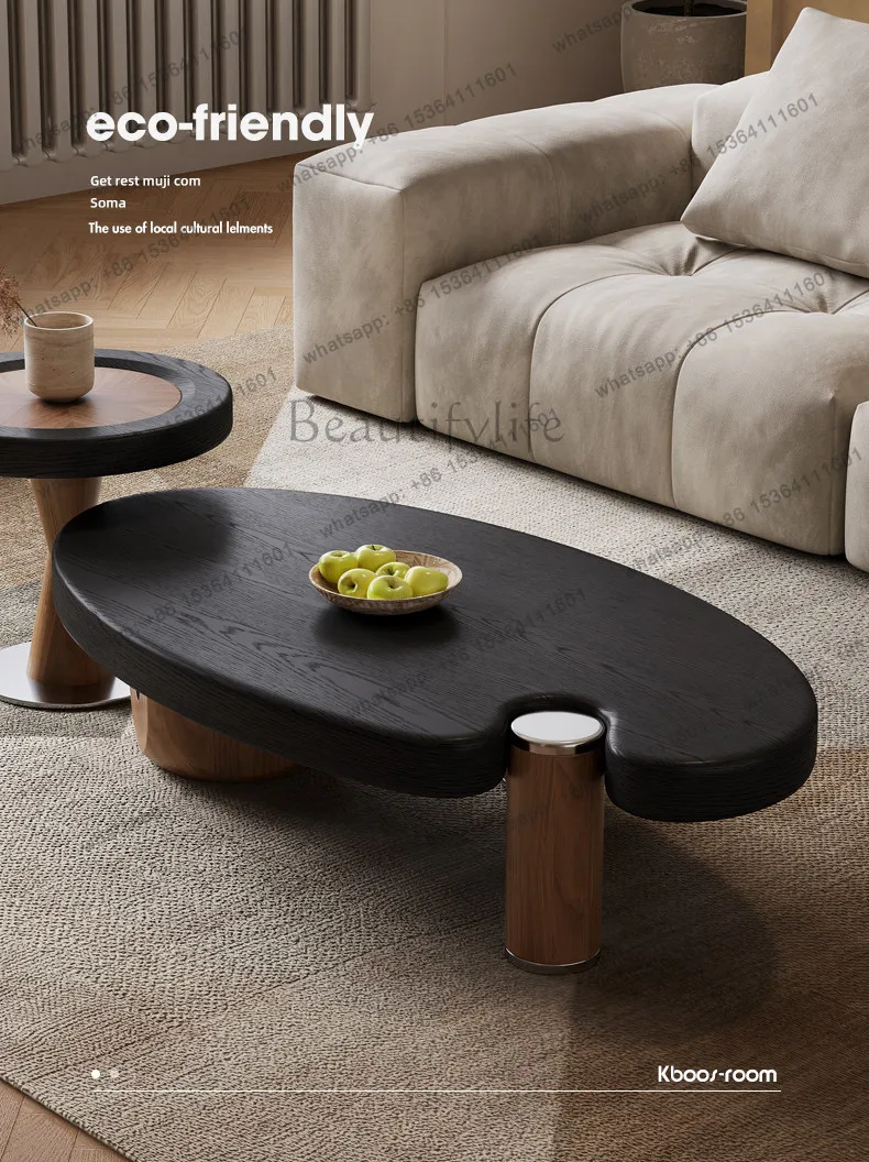 YJ Mid Century Elliptical Coffee Table Set Creative Designer Retro Wabi Sabi Ash Wood Tea Table For Home Living Room