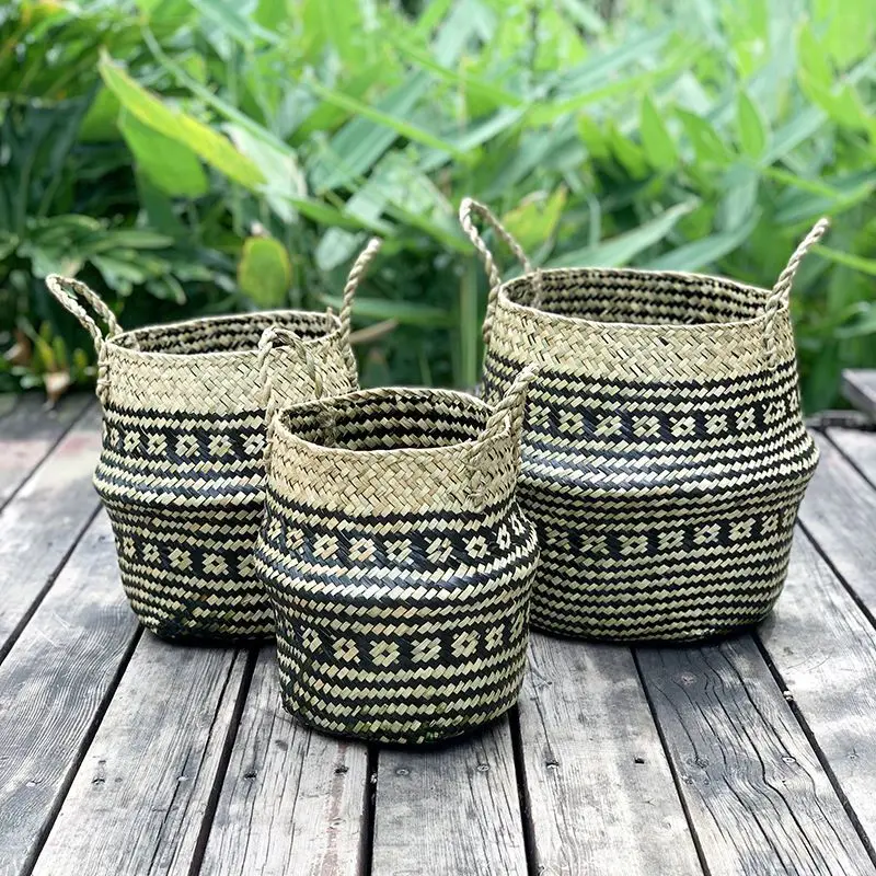 

Bohemian Seagrass Basket Foldable Wicker Basket Flower Pot Plant Holder Handwoven Handle Indoor Outdoor Home Decor Wholesale