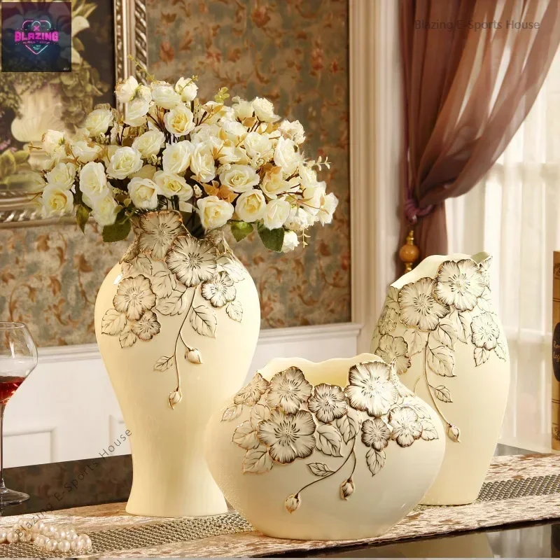 Ceramic three-piece ornaments, home living room decorations, luxury dining table flower arrangers, creative, simple, modern