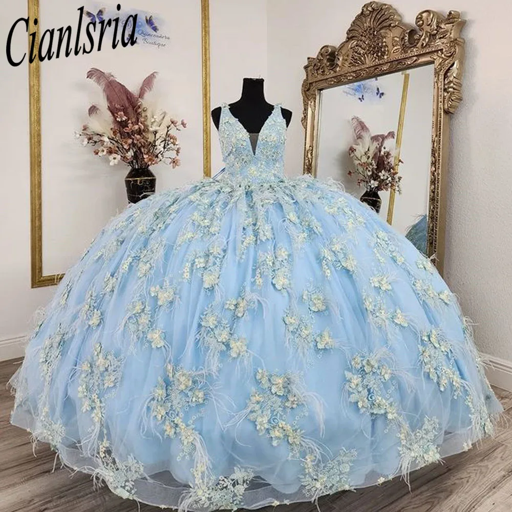 Vestidos de quinceañera azul cielo, Apliques de encaje con hombros descubiertos, cristales de cuentas, tul, vestido de baile de graduación hecho a medida, dulce 16 princesa