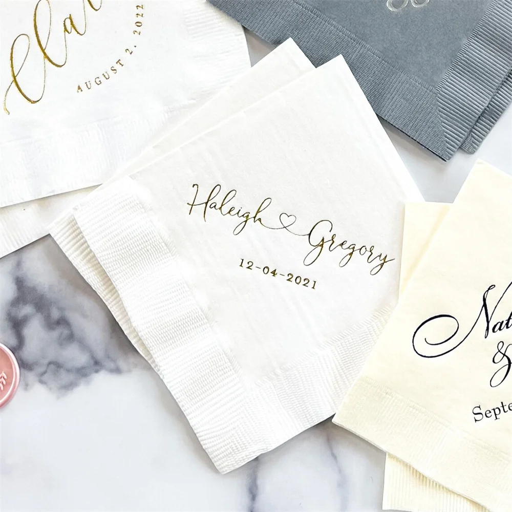 

50 Personalized Wedding Napkins, Names with Heart Rehearsal Dinner, Engagement Party, Custom Bar Napkins, Custom Wedding Napkins