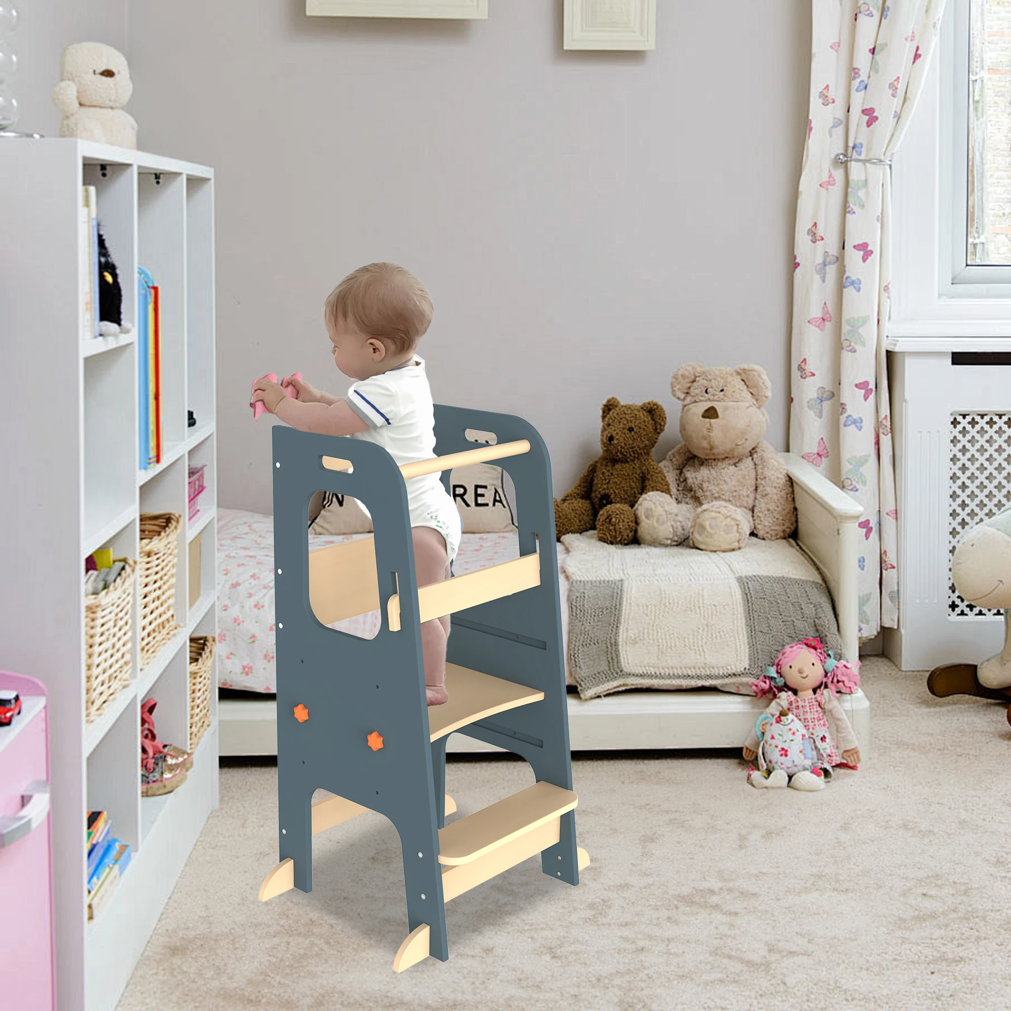 Toddler Tower Wooden Ladder Learning Tower, Toddler Kitchen Stool Helper with 3 Adjustable Height Non-skid Feet Anti-drop Rail