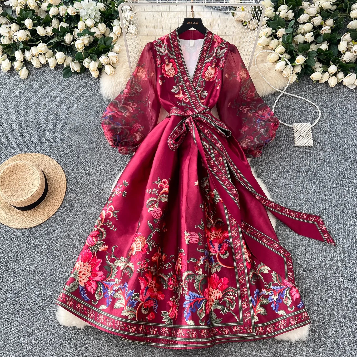 Retro Floral Print Bandage Lace Up Wrap Dress Women Cross V Neck Lantern Sleeve Chiffon Patchwork Thick Satin Long Party Vestido