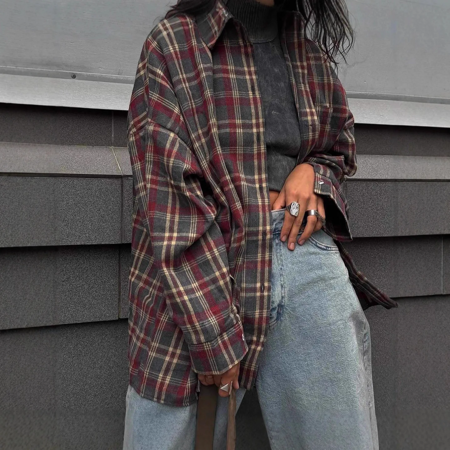 

Women Shirt Plaid Blouses Mid Length Pocket Turn Down Collar Single Breasted Long Sleeves Slight Strech Loose Casual 2026 Autumn
