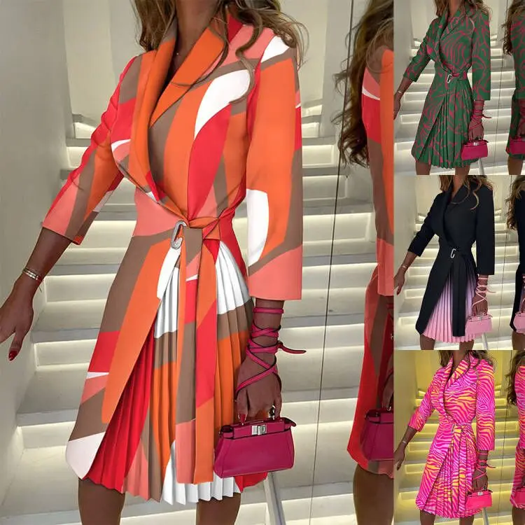 Women's Autumn Elegant Commuter Flip Collar Fashion Print Dress Ladies Casual Middle Sleeve Tie Up Waist Folding Women's Dress