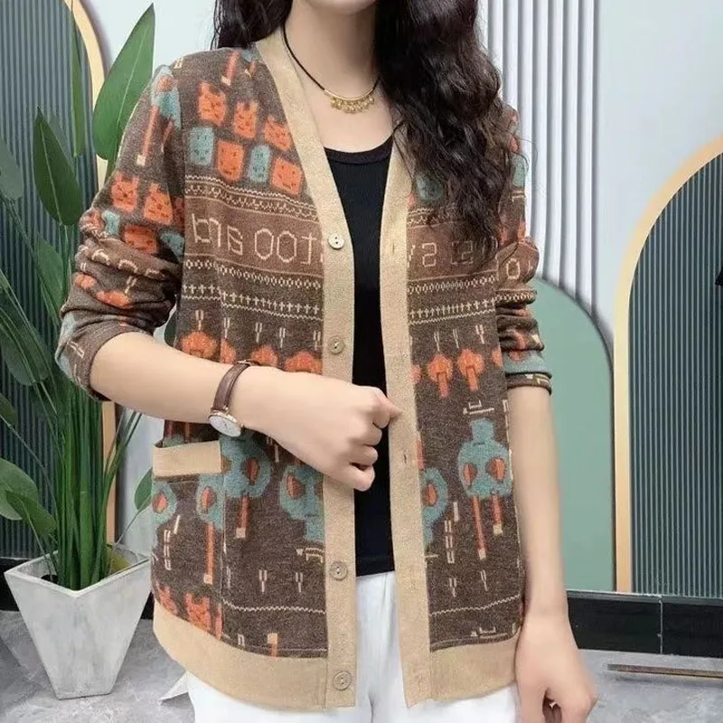 Spring Autumn Long Sleeve Fashion Printed Button Cardigan Female Casual Vintage Loose V-Neck Knitted Thin Tops Women\'s Clothing