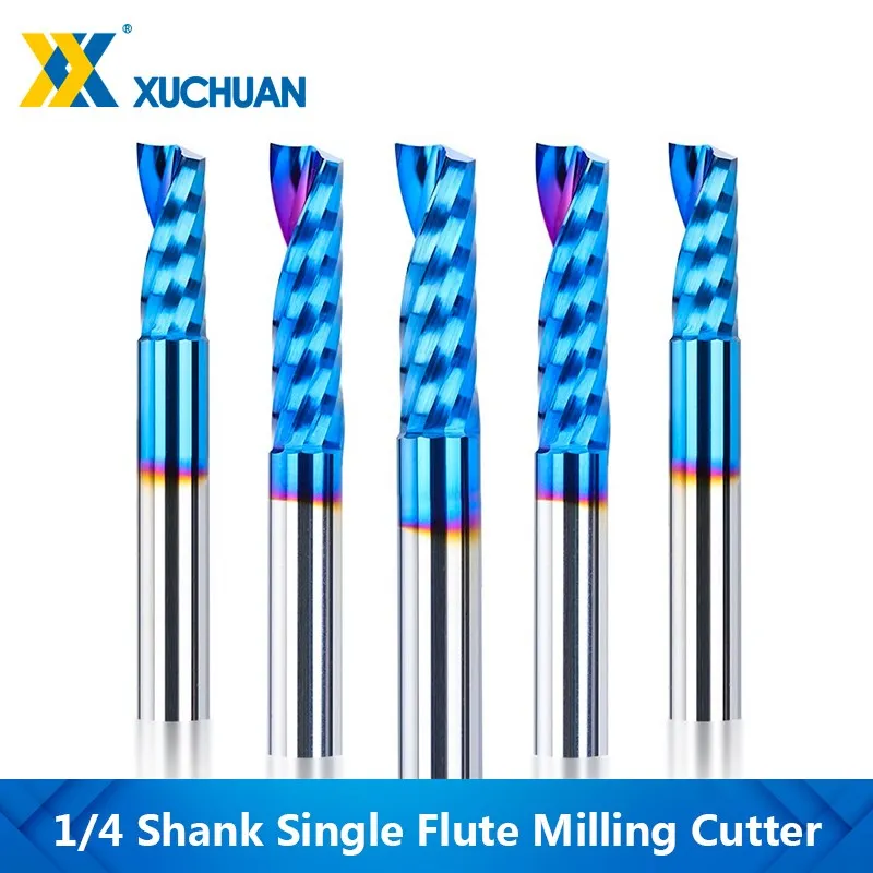 Milling Cutter 1 Flute CNC Router Bits 6.35mm Shank Nano Blue Coated Carbide End Mill Up Cutter 