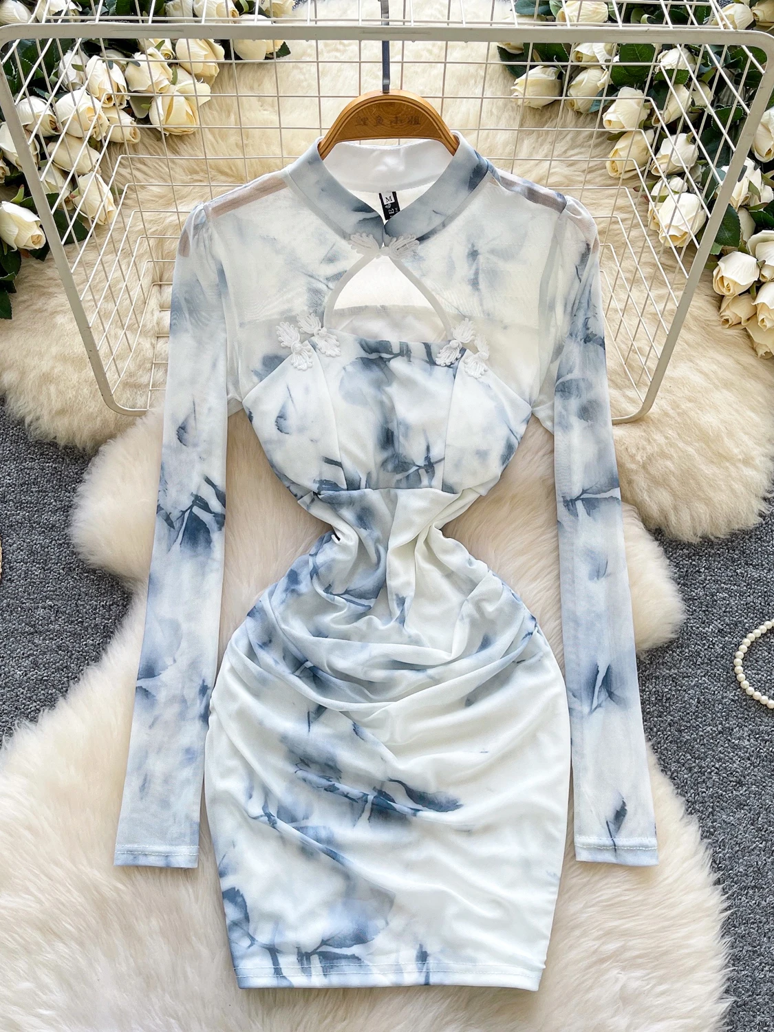 포멀리나 프린트 드레스 여성 2025 신상 패션 스탠드 넥 긴팔 컷아웃 시스루 메쉬 패치워크 슬림 바디콘 파티 드레스