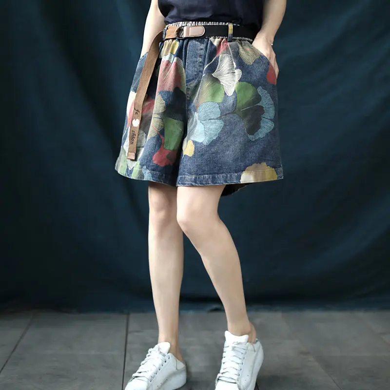 Ethnic Style Painted Denim Shorts for Women Fashionable Wide-leg Versatile Slim and Elastic Waist Five-point Pants