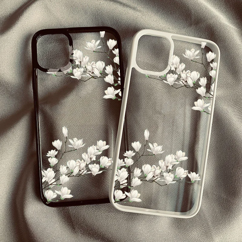 White Magnolia Flower Phone Case For iPhone 14 Pro 15 13 12Mini 11 18 Pro Max 16 17 Air Plum Blossom Shockproof Clear Hard Cover