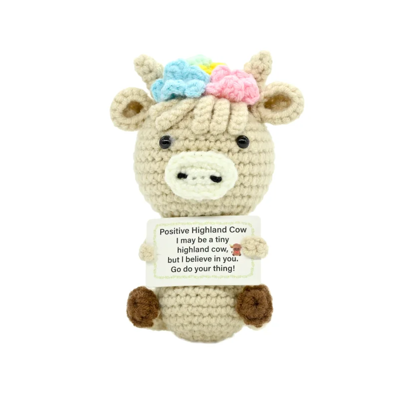 AnimalSeries Positive Energy Cow Crochet Doll, Handmade Knitted Decor Ornament with Encouragement Card, Mini Desk Decor Gift view 6