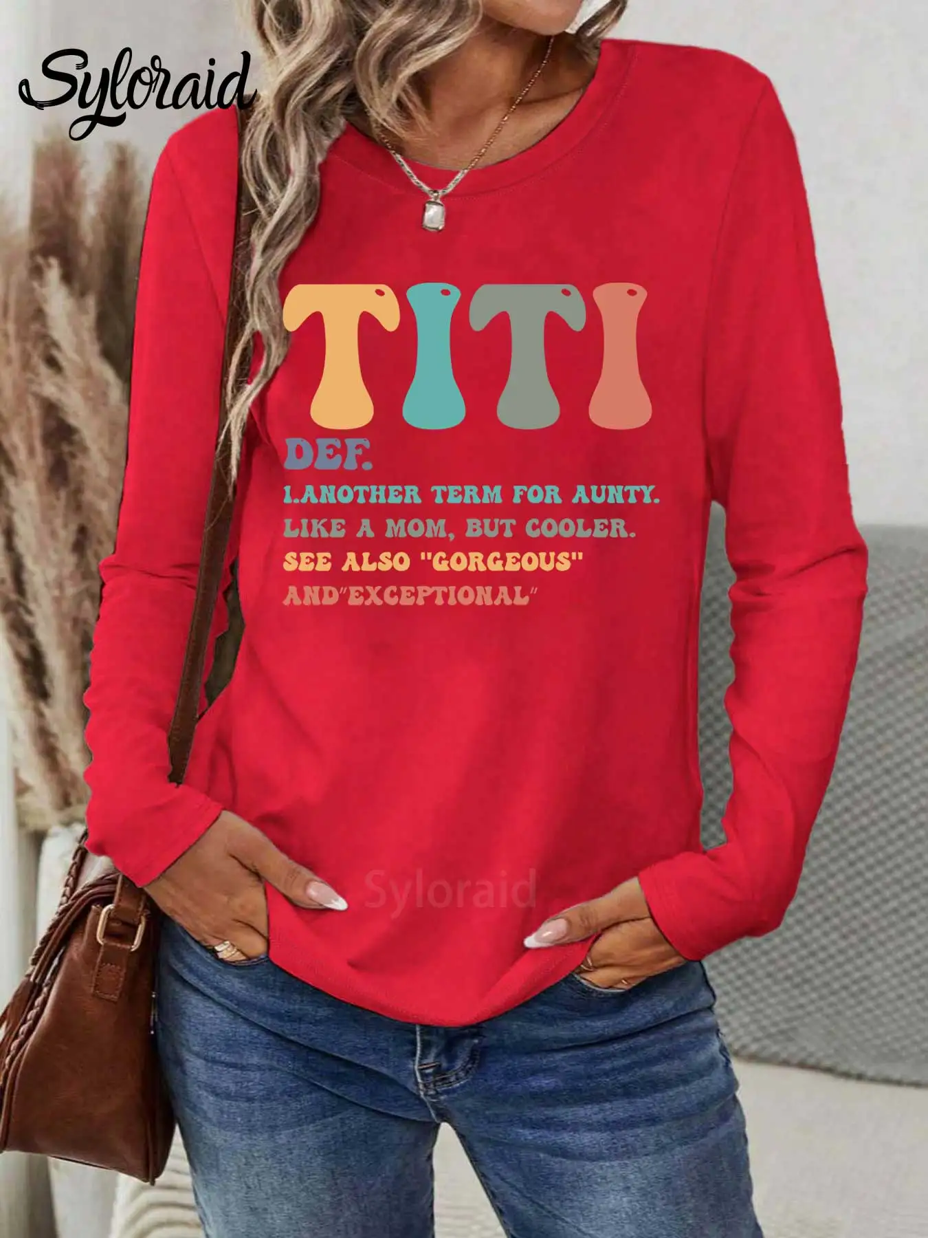 المرأة طويلة الأكمام تي شيرت لعوب "TITI" إلكتروني طباعة مع عمة روح الدعابة يقتبس تي شيرت موضة الجولة الرقبة رداء علوي غير رسمي #3