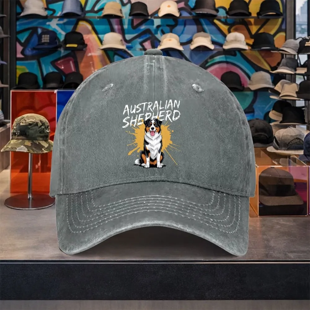 Australian Shepherd Baseball Cap Unisex Vintage Washed Cotton Cap for Outdoor Travel Casual Wear