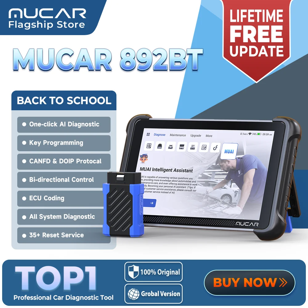 MUCAR 892BT AI Key Programming TKEY 101 Automotive Diagnostic Tool Bi directional Obd2 Scanner ECU Coding CANFD DOIP 35 Resets
