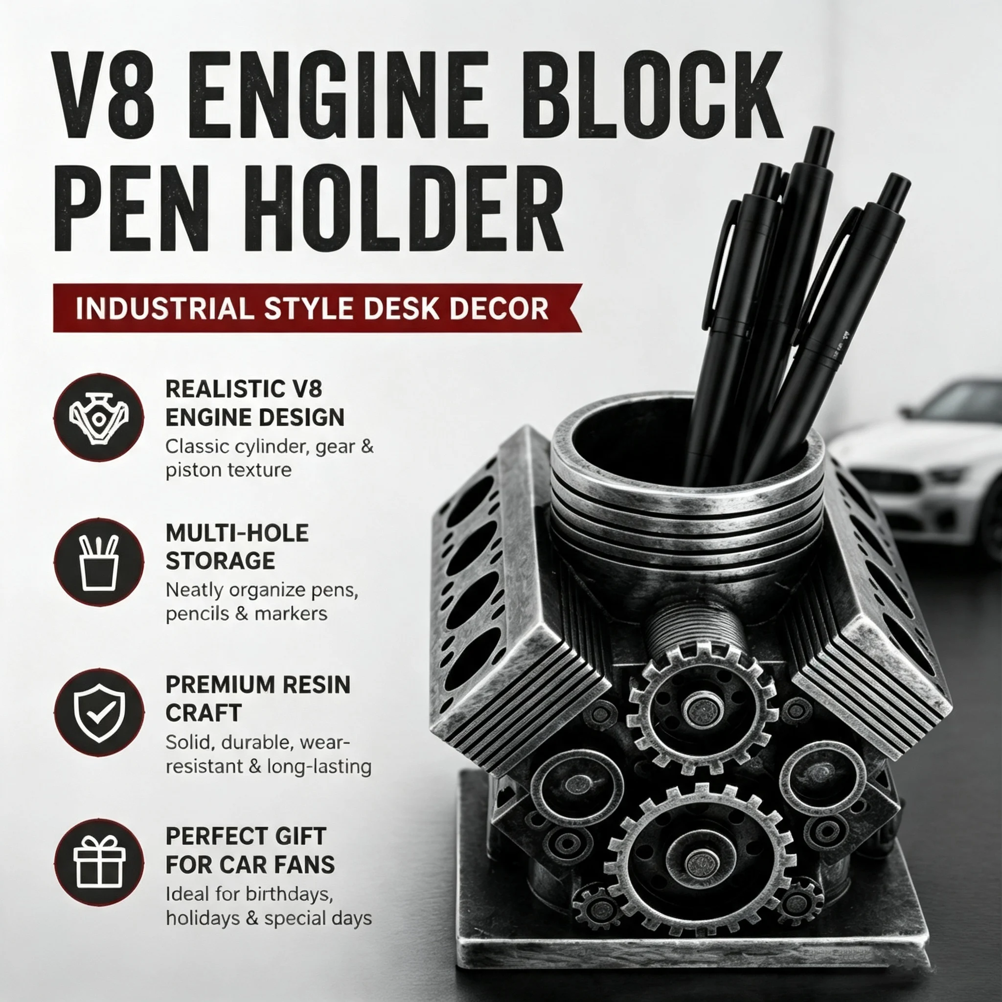 Pen Holder V8 Car Engine Pen Holder Creative Desktop Office Stationery Organizer for Home Office Decor Desktop Ornament