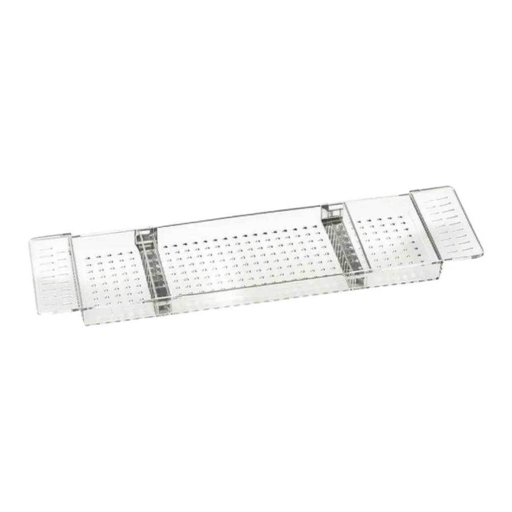 Adjustable Bath Tray Designed for Everyday Use Holds Beverage Snack Book and Portable Device Within Arm's Reach
