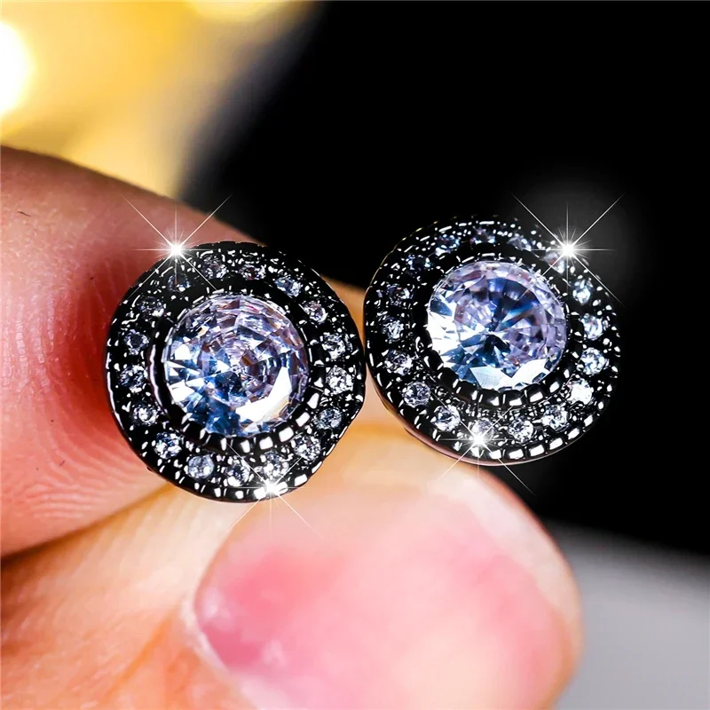 New Female Crystal White Round Zircon Stone Stud Earrings Vintage Silver Color Wedding Fashion Jewelry Fashion Influencers