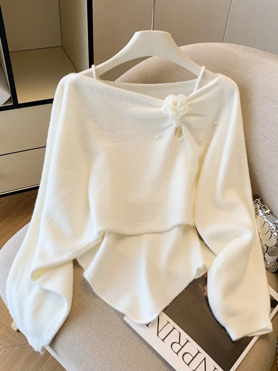 

Long Sve Knitted Sweater Women's Outerwear Autumn Faion Small Size Beaded Flower Design Two Piece Set Commute Sle Stra...