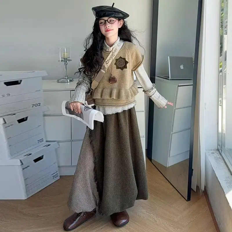 Girls' Autumn Fashion Versatile Set 2026 New Style Girls' Children's Bottom Shirt Vest Dress 3-Piece Set