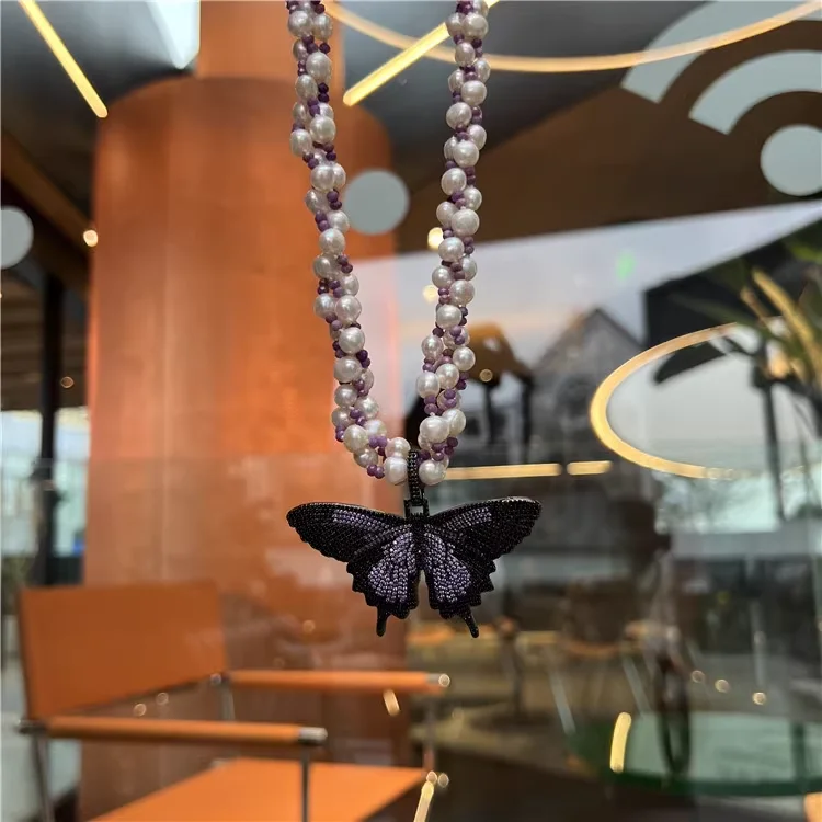 New Natural White Keshi Potato Pearl with Purple Mica Gem Multi layered Clavicular Nacklace Butterfly Pendant