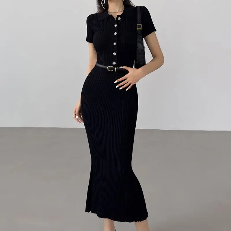 Summer American Style Fish Tail Women Slim Lapel Collar Single-breasted Solid Color Short Sleeved Wrap Buttocks Knitting Dress