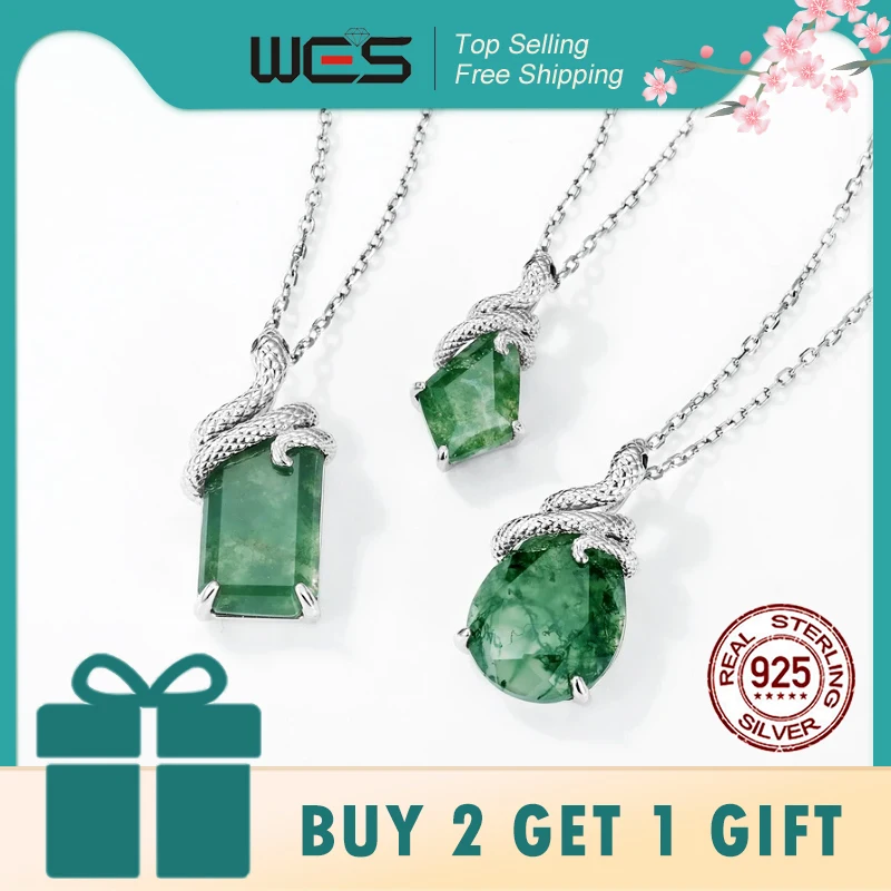 

WES 100% серебро 925 пробы, змея, натуральный 7*11 мм, кулон из мохового агата, ожерелье для женщин, обручальное животное, лес, ювелирные изделия, подарок, оптовая продажа