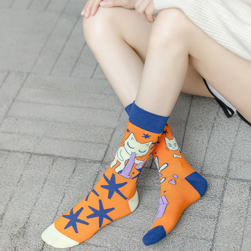 2023 New Hot Selling High Quality Cute Socks Women Asymmetry Socks Personality Fashion Woman Stockings Cartoon Animal Plant Sock