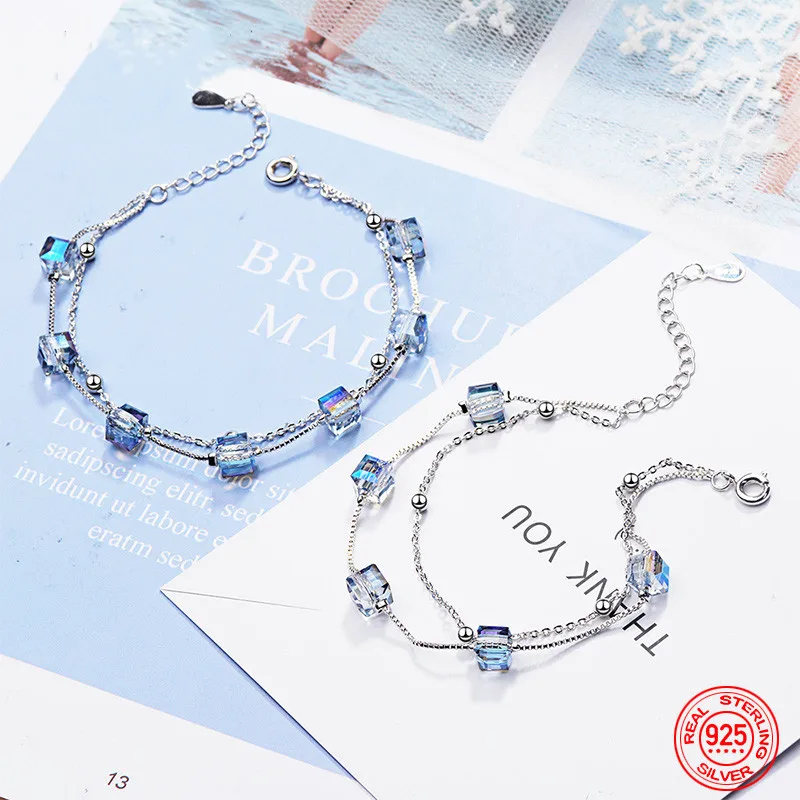 

925 Sterling Silver Square Rainbow Crystal Bracelet For Women Fashion Gift Wedding Jewelry