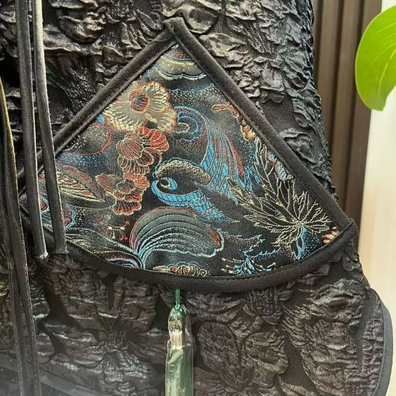 جديد الصينية الجاكار المطرزة صدرية سترة العرقية النمط الصيني التقليدي الأسود صدرية الرجعية أكمام زر الموضة