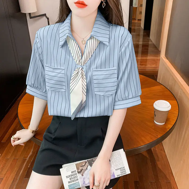 Neues Sommer-Top mit Polokragen-Design für Damen, gestreiftes Hemd, kleiner Duftstil, Revers, kurze Ärmel