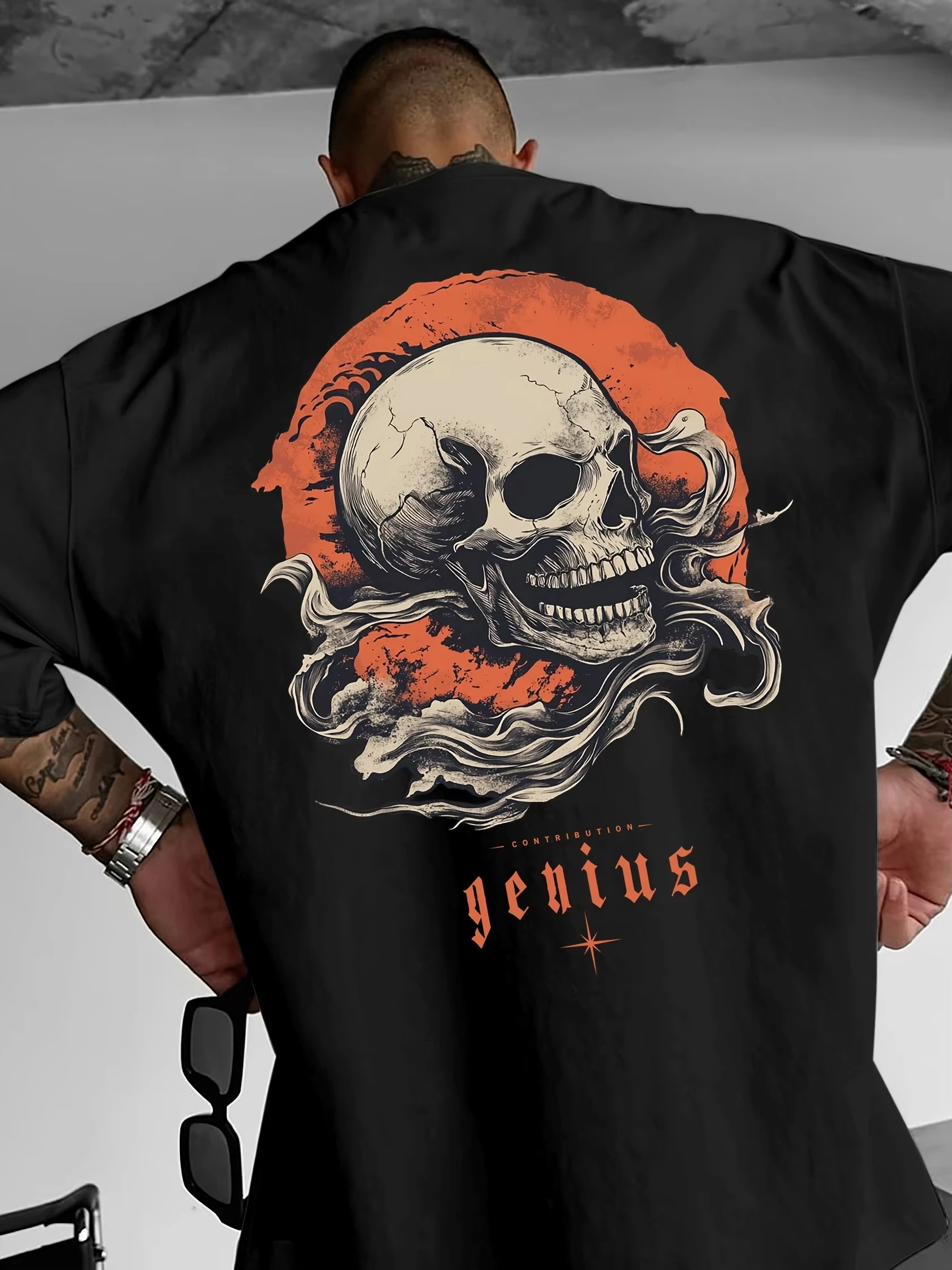 2026 Men Skull Pattern T-shirt Street Style Loose Fit 100% Pure Cotton Soft Material Suitable for Daily Casual Wear Versatile