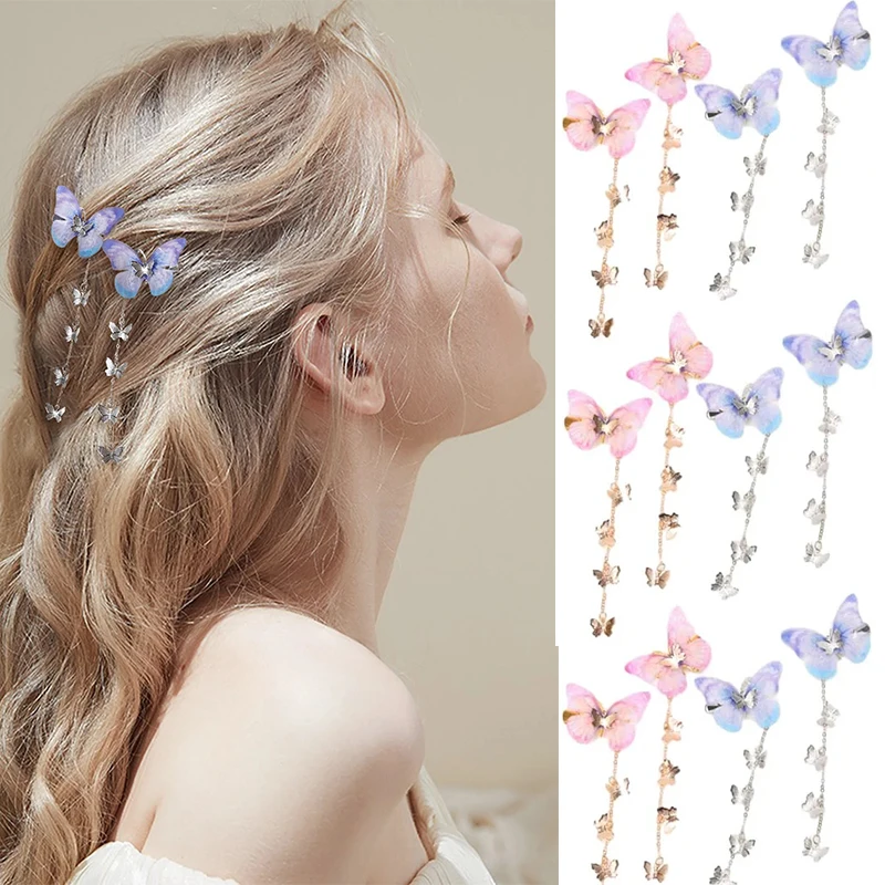 Oaoleer New Korean Yarn Butterfly Hairpins Tassel Long Hair Clips Women Elegant Hanfu Party Headwear Girls Hair Accessories Gift