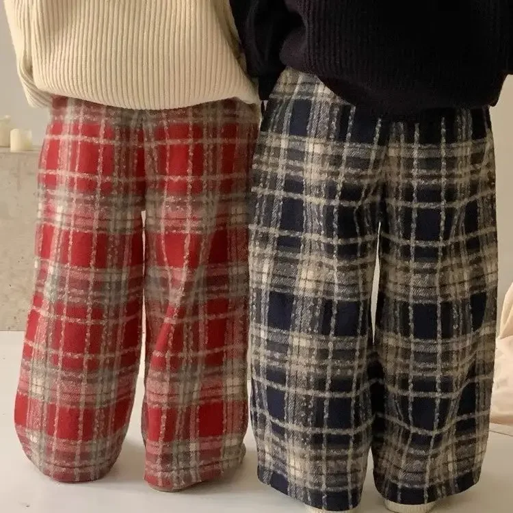 Children Integrated Velvet Boys and Girls Wide Leg Pants Winter Woolen Plaid Pants Baby Straight Leg Casual Long Pants Trend