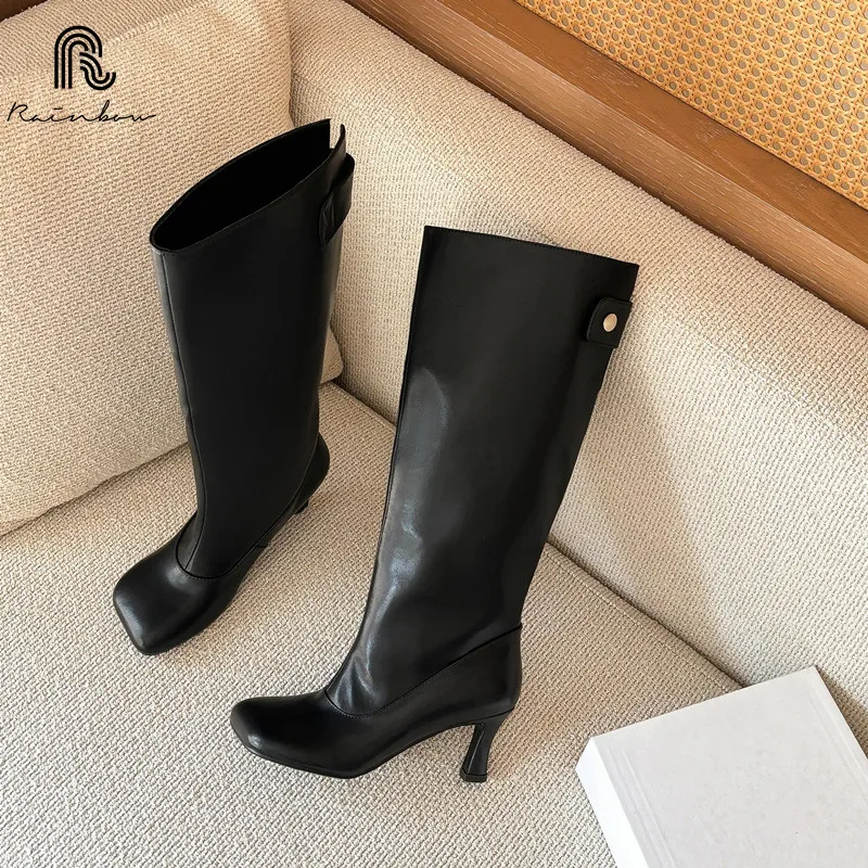 

RAINBOW 34-40 New Fashion Knee High Women New High-Quality Leather Boots Square Toe Straight Leg High Heels Ladies Party Shoes