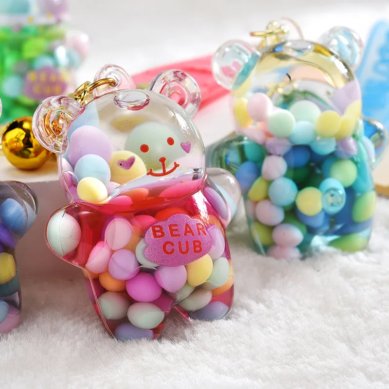 Cartoon Into Oild Bear Cup Keychain For Girl Bag Pendant Cute Floating Liquid Keyring Couple Car Key Chains Charm Gift