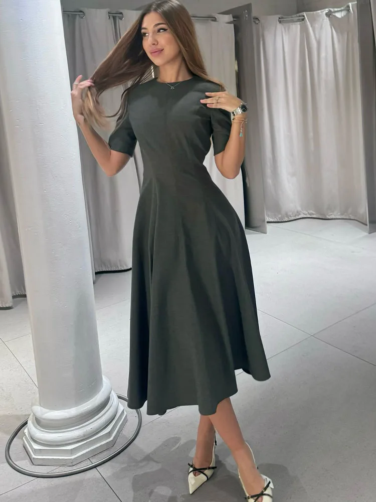 

HH Female Versatile Casual Pleated Dress Women Vintage O-Neck Short Sleeves Midi Dress Elegant Slim Zipper Commuting Dress