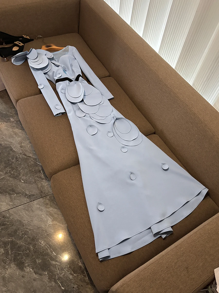 TWOTWINSTYLE Solid Slim Evenung Dresses for Women Round Neck Long Sleeves Patchwork Applique Temperament Dress FemaleKDR525510