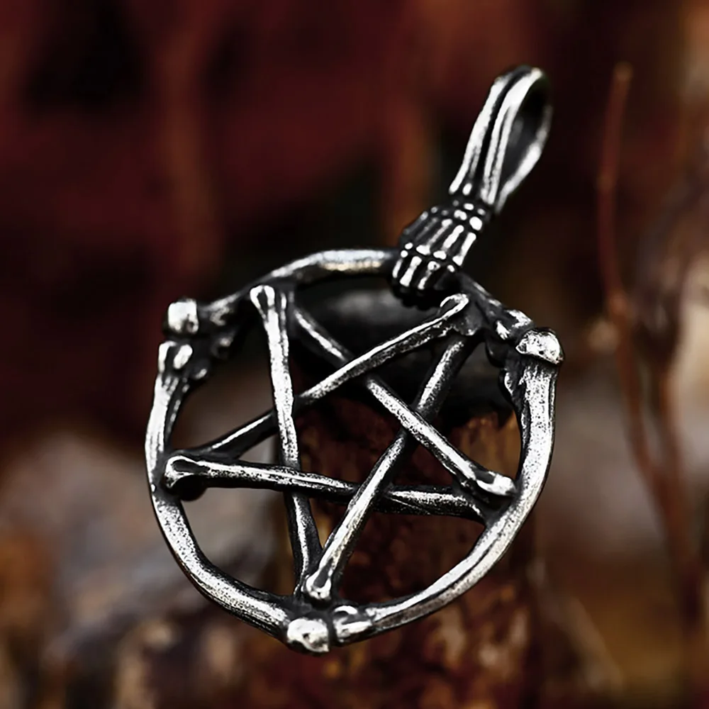 New Design Men's Lucifer Satanic Necklace 316L Stainless Steel Skull Bones Pentagram Pendant Biker Cool Gothic Pagan Jewelry