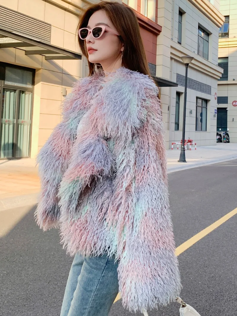 الشتاء شعبية الوردي مصبوغ وأشار طوق فو الفراء معطف الصوف طويل بدلة قصيرة التلبيب معطف المرأة Y2k سترة صوفية مريحة #4