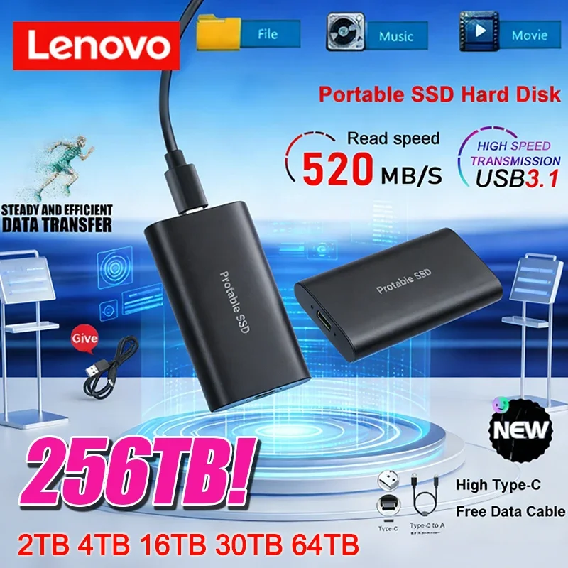 

Портативный SSD-накопитель Lenovo 2 ТБ, 4 ТБ, 8 ТБ, 256 ТБ: высокоскоростные твердотельные диски большой емкости для ноутбуков/MAC