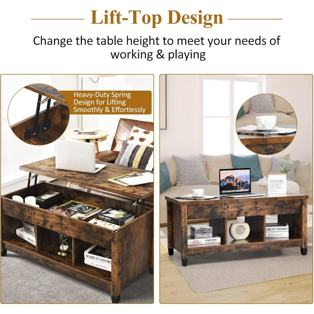 طاولة قهوة قابلة للرفع مع مساحة تخزين مخفية، طاولة شاي أريكة مستطيلة مع أرجل خشبية صلبة، طاولة قهوة صناعية #5